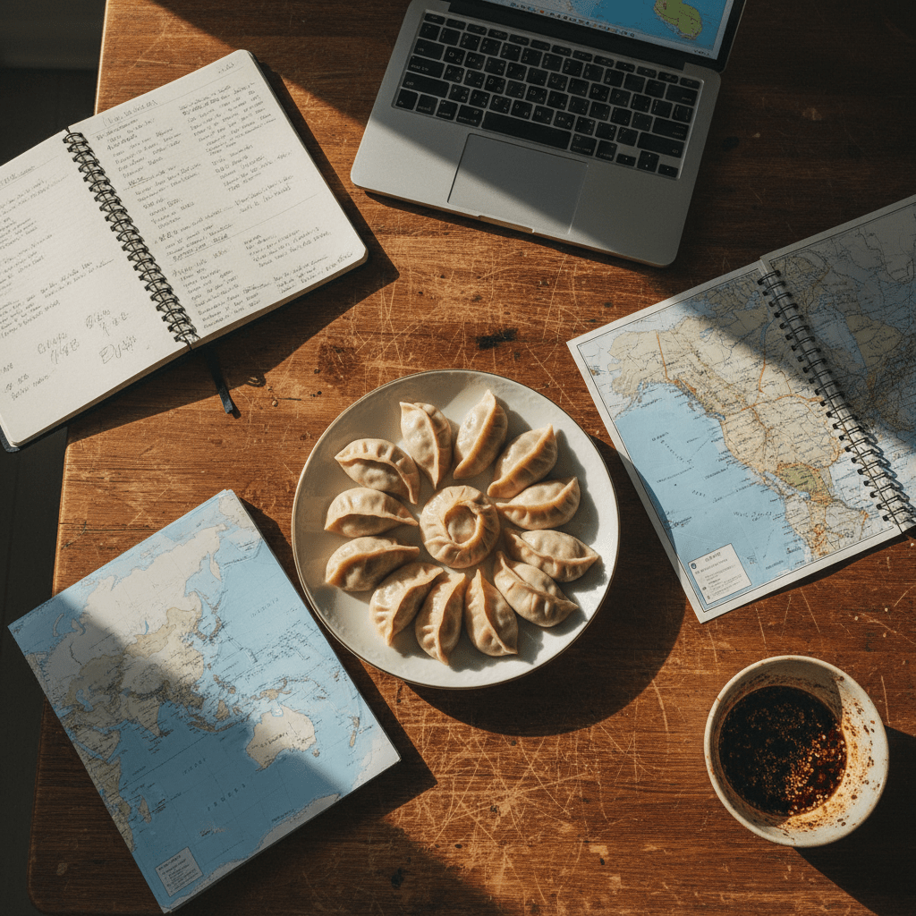 An overhead view of a well-worn wooden kitchen table scattered with open notebooks, a laptop, and a neatly folded map of East Asia, surrounding a single porcelain plate of hand-folded dumplings arranged in a circular pattern. A small ceramic bowl of dipping sauce, stained with chili oil and sesame seeds, sits off to one side like a punctuation mark. Late afternoon natural light from a nearby window creates warm, directional illumination, accentuating the sheen of the dumplings and the creases in the paper. Photographic realism with sharp focus throughout, the composition balances order and gentle chaos, evoking a sophisticated, contemplative atmosphere of research, writing, and culinary anthropology.