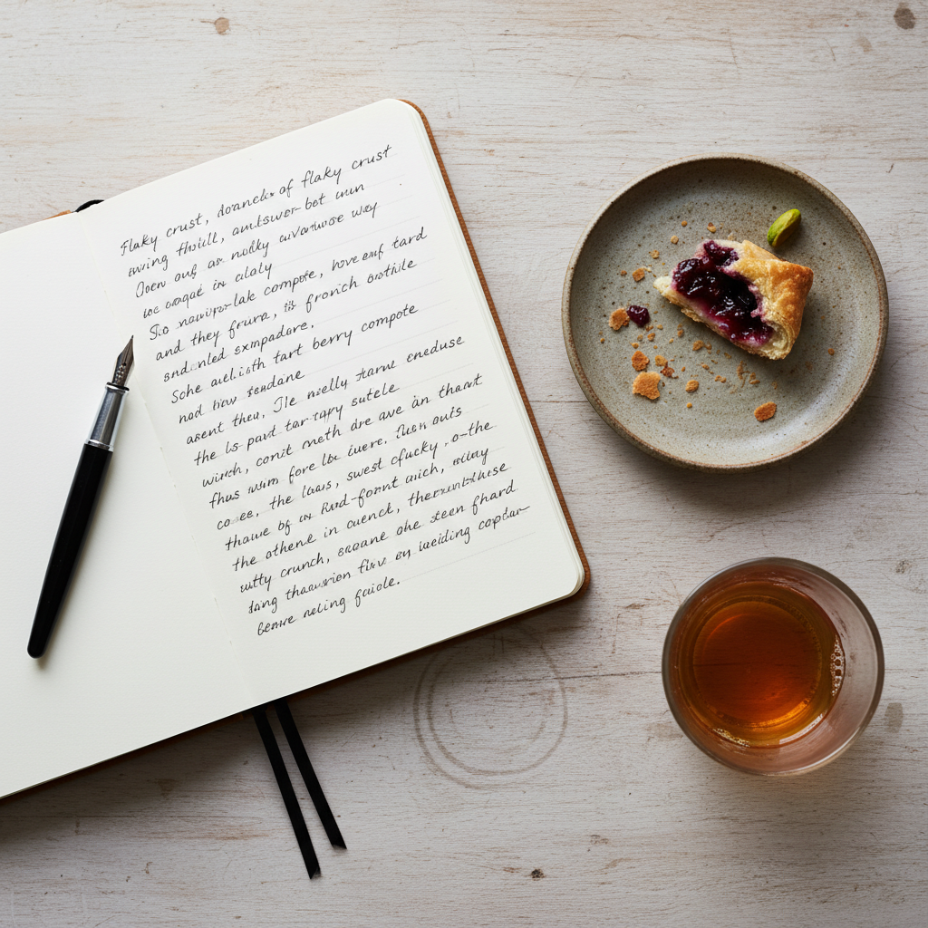 A flat lay of a writer’s desk where food and thought intersect: a large, cream-colored notebook opened to a page of neat, handwritten reflections about a recent meal, a slim black fountain pen resting diagonally across the margin, and a small stoneware plate with the remnants of a pastry—flaky crumbs, a smear of berry filling, and a lone pistachio. A nearly empty glass of tea with faint condensation ring marks the wooden surface. Soft, indirect daylight from the top edge of the frame creates gentle gradients and minimal shadows. Photographic realism with sharp focus and a clean, minimalist composition conveys an intimate, sophisticated atmosphere of ongoing creative work and sensory memory.