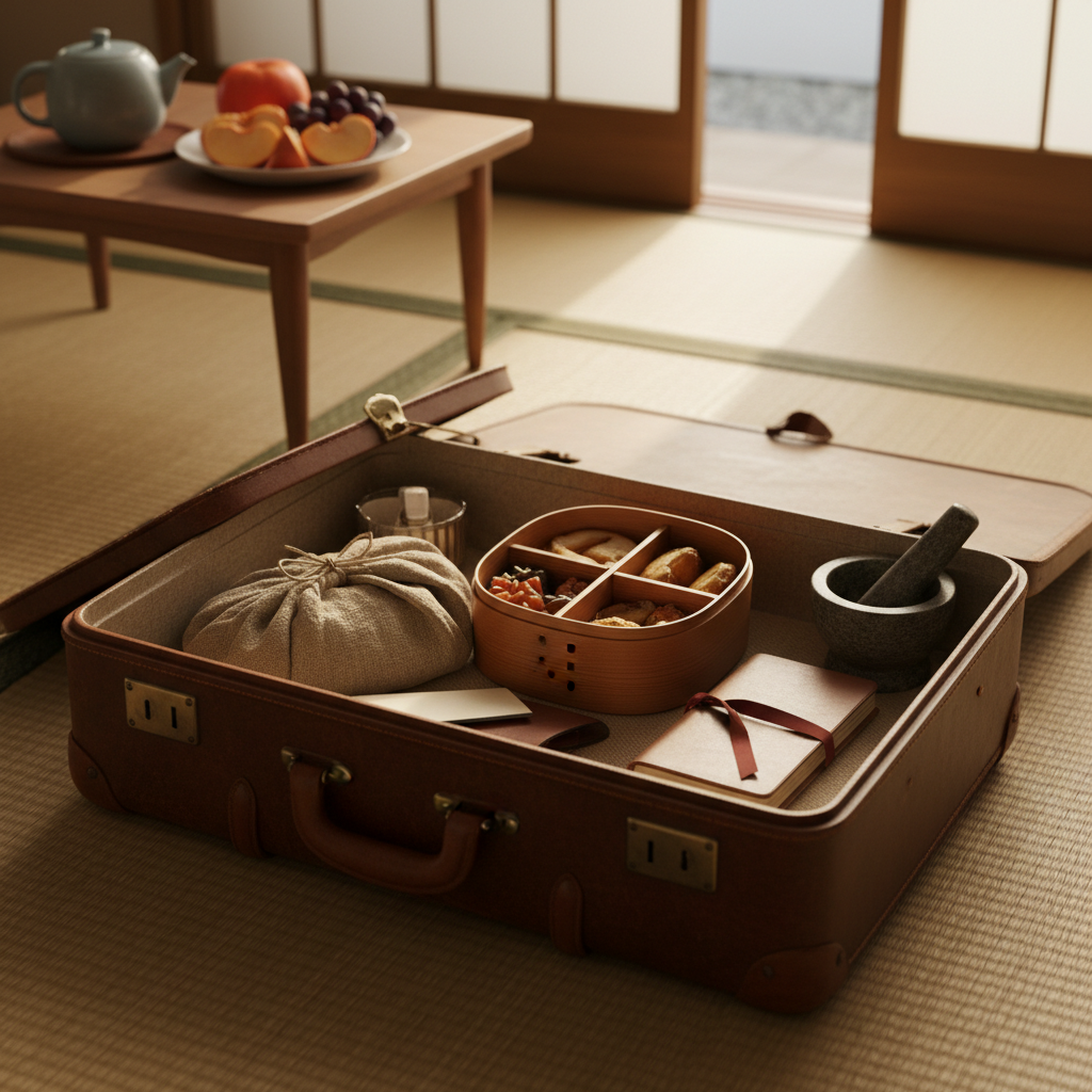 A vintage suitcase, slightly open on a tatami mat floor, revealing neatly packed items: a linen-wrapped bundle of homemade snacks, a compact wooden bento box, a small mortar and pestle, and a slim notebook with a ribbon marker. In the background, partially blurred, a low wooden table holds a ceramic teapot and a plate of sliced seasonal fruit. Early evening natural light from a paper-screened window bathes the scene in a soft, warm glow, casting long, gentle shadows. Photographic realism, captured from a slightly elevated angle, creates a contemplative, nostalgic mood that merges travel, food, and the quiet preparation for journeys of both body and mind.