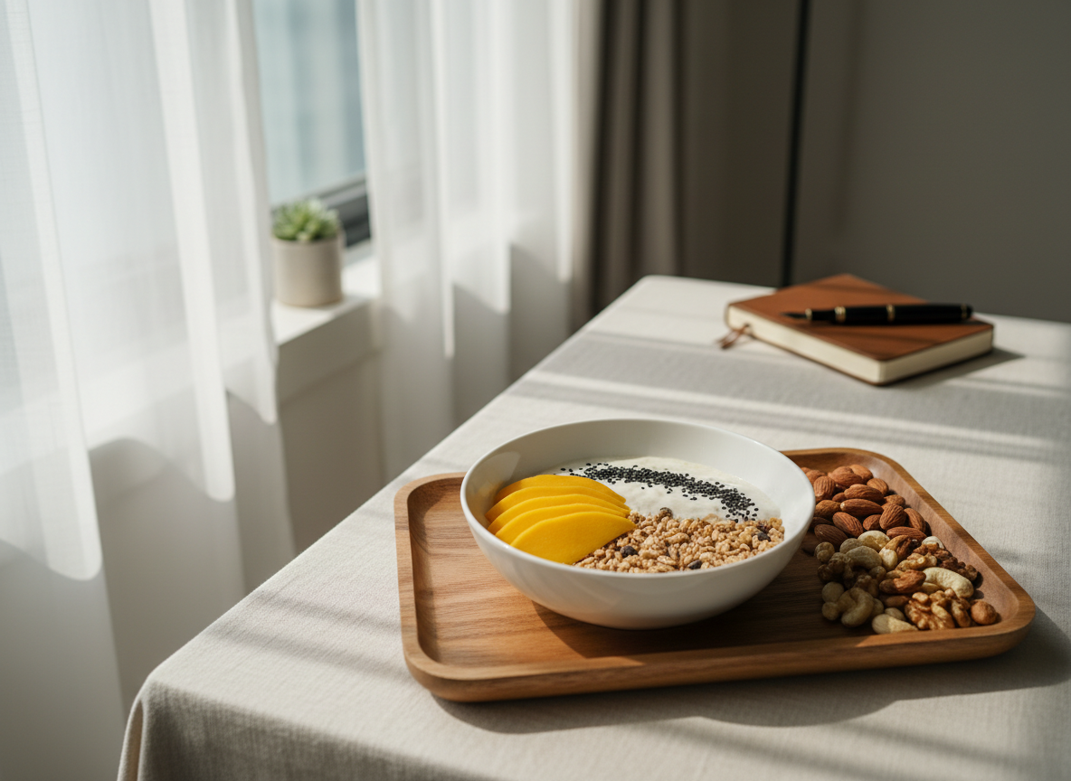 A meticulously arranged wooden breakfast tray holding a single ceramic bowl filled with multigrain cereal, slices of ripe mango, toasted nuts, and black sesame seeds, each element carefully separated like a composed still life. The tray rests on a linen-covered table beside a sunlit window in a minimalist apartment, with a hardcover travel journal and a fountain pen slightly out of focus in the background. Soft morning light filters through sheer curtains, casting gentle shadows and illuminating the textures of the food. Photographic realism, shot at an eye-level angle with shallow depth of field, creates a calm, reflective mood that hints at stories of culture, memory, and quiet routines.
