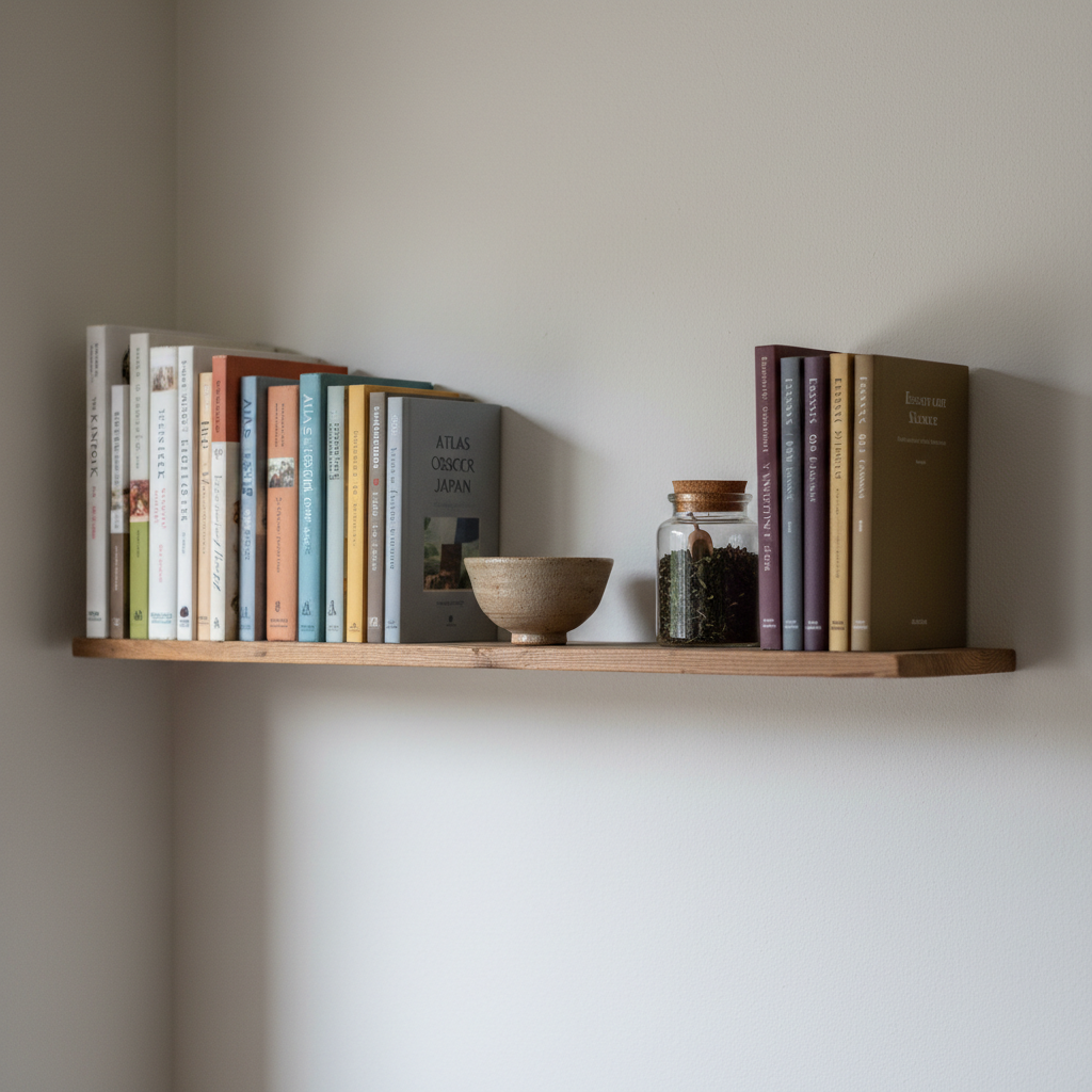 A narrow wooden shelf against a matte, off-white wall displaying a carefully curated row of cookbooks, travel guides, and slim literary essay collections, their spines in muted earthy tones. Between the books, a single small ceramic rice bowl and a delicate glass jar filled with tea leaves act as visual anchors. Soft, diffused overcast light from an unseen window to the left casts feather-light shadows and subtle highlights along the book edges. Photographic realism, composed using the rule of thirds with a slightly angled perspective, creates a serene, intellectual mood that suggests a life oriented around food stories, place, and thoughtful reflection.