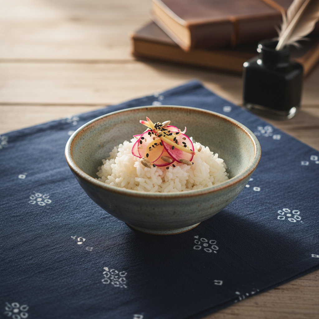 A close-up of a single, slightly imperfect handmade ceramic bowl resting on an indigo-dyed textile with subtle, irregular patterns. Inside the bowl, a small portion of plain steamed rice is topped with a few artfully placed pickled vegetables and toasted seeds, emphasizing both restraint and intention. The setting is a simple wooden table near a window, with a blurred hint of stacked notebooks and an ink bottle far in the background. Soft, directional morning light casts delicate highlights on the ceramic glaze and textile fibers. Photographic realism, with a shallow depth of field and centered composition, evokes a quiet, sophisticated meditation on identity, heritage, and the stories embedded in everyday food.
