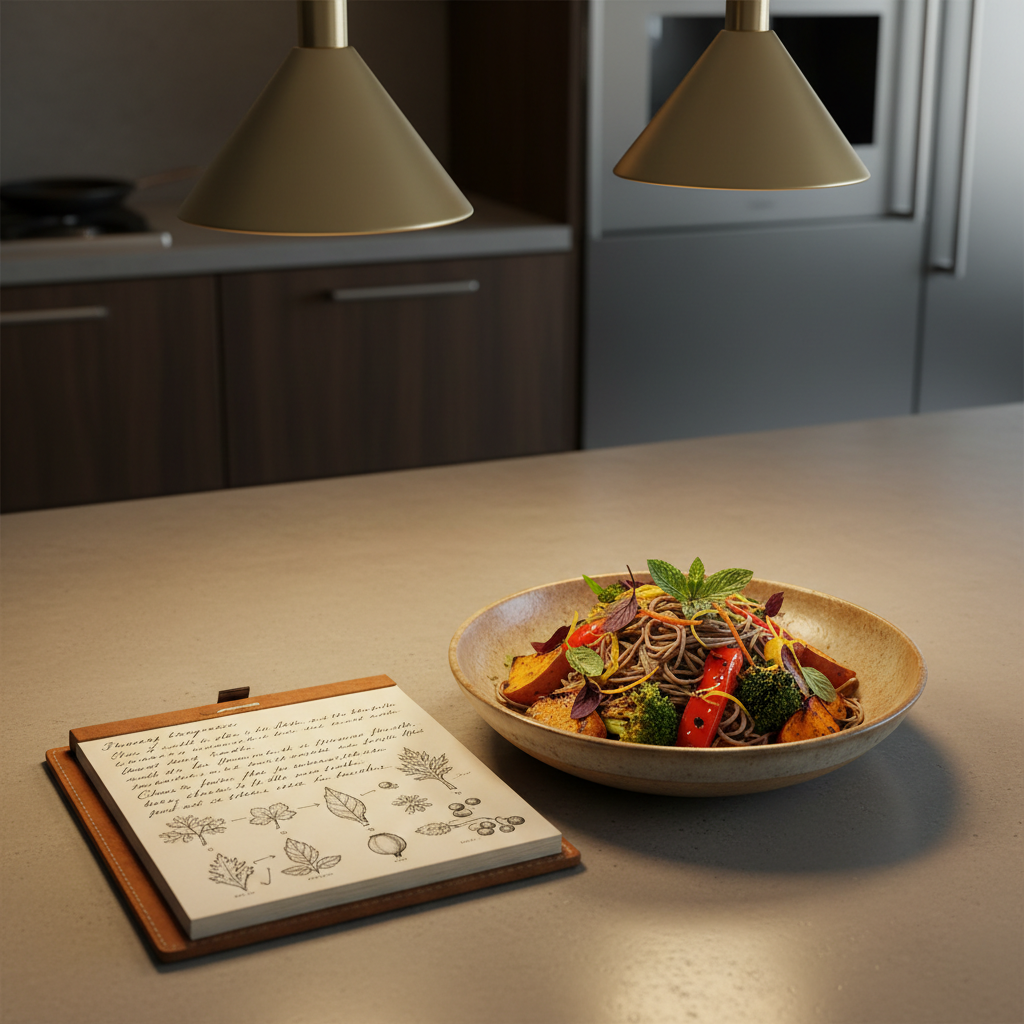 A polished concrete countertop in a modern yet warm kitchen, holding a low, wide stoneware bowl filled with a composed salad of soba noodles, roasted vegetables, and garnishes of herbs and citrus zest, each ingredient distinctly visible. Beside it lies an open, annotated field notebook with precise handwriting and small sketches of regional ingredients. Overhead pendant lighting with a warm temperature creates focused pools of light on the bowl and notebook, fading gently into darker, blurred background cabinetry. Photographic realism with a three-quarter angle and moderate depth of field conveys a sophisticated, investigative atmosphere, blending the precision of research with the sensuality of cooking and eating.